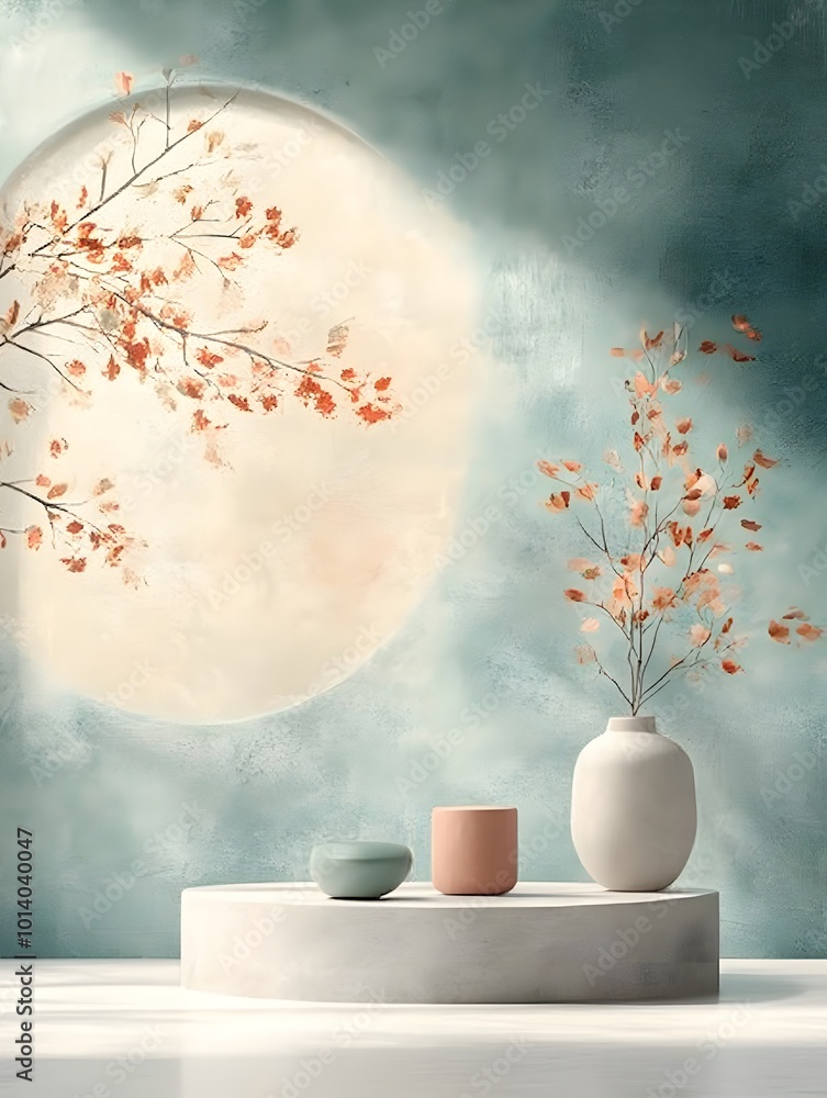 Poster minimalist studio display scene with a product podium delicate branches and a watercolor wash backgr