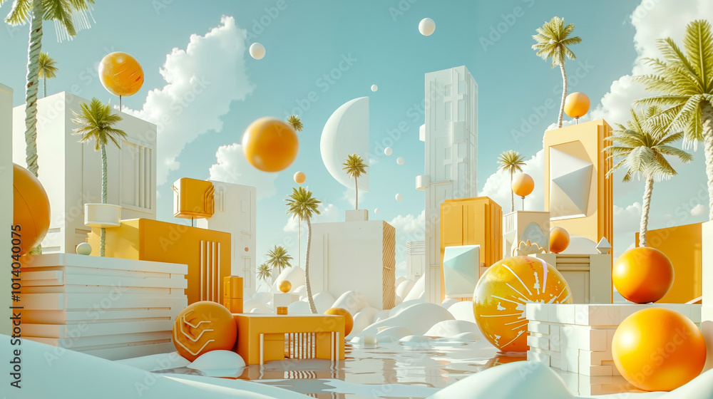 Poster a 3d rendering of a futuristic city with palm trees and oranges