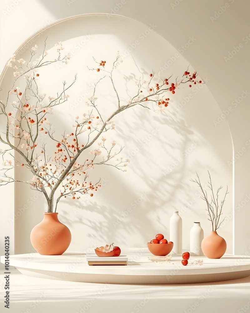 Poster bright and airy 3d studio space with a solid color background and a display stand showcasing decorat