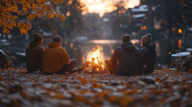 Friends enjoying a cozy bonfire by the lakeside during a beautiful autumn evening