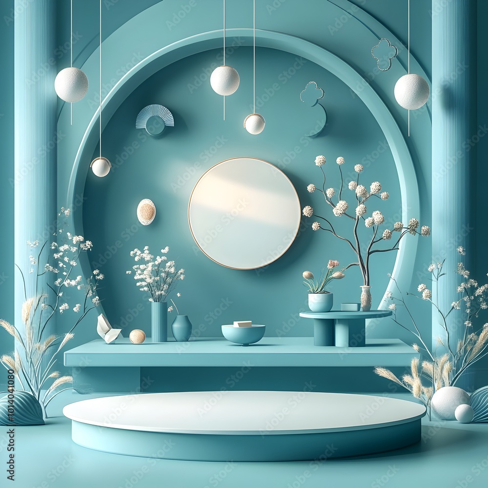 Poster minimalist 3d studio space with azure blue backdrop empty stage and blank walls dramatic shadow cast
