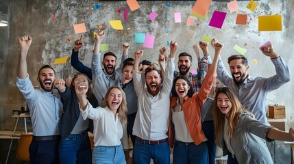 Fototapeta premium Sales team celebrating their achievements, with key performance indicators (KPIs) like sales revenue and conversion rates displayed in the background