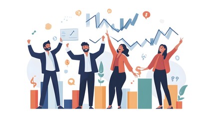 Sales team celebrating their achievements, with key performance indicators (KPIs) like sales revenue and conversion rates displayed in the background