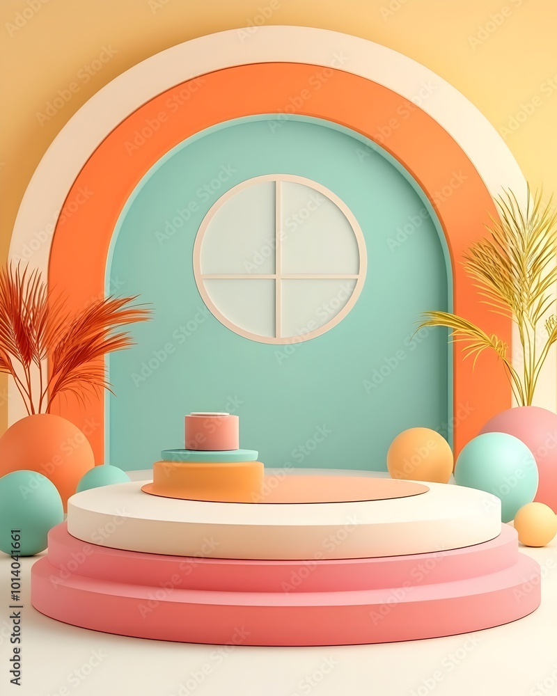 Poster serene 3d studio setting featuring a blank white wall and floor a product stand and a vivid gradient