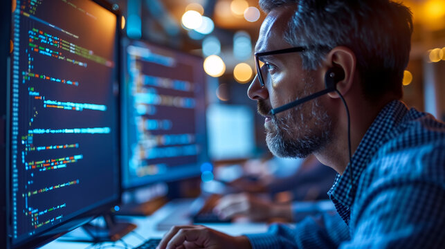 A man wearing a headset working on a computer