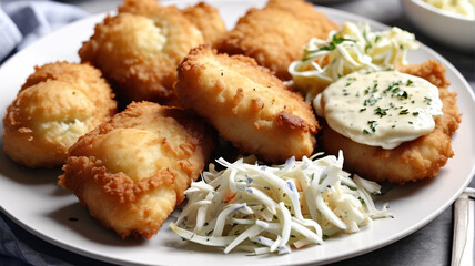 Lenten fish fry, crispy battered fish fillets, served with creamy coleslaw and buttered dinner rolls, a beloved tradition during the season of Lent, Generative AI