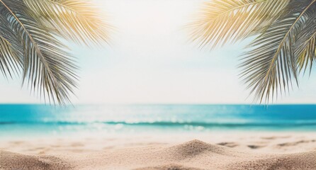 Naklejka na ściany i meble beach sand with palm branches on the background of the sea. Blue Sea Background, Pattern Beach at Coast, Frame Card Tropical Tourism Travel Vacation. Summer Holidays Concept