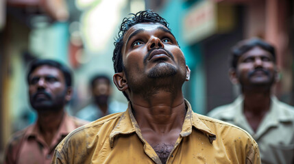 Obraz premium A man looking up at the sky while standing in front of a group of men
