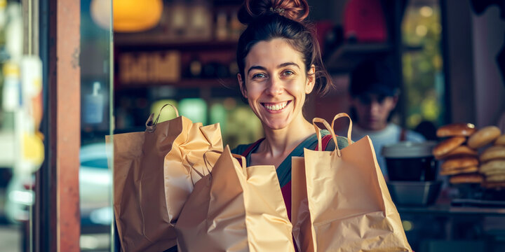 A woman holding shopping bags in front of a bakery