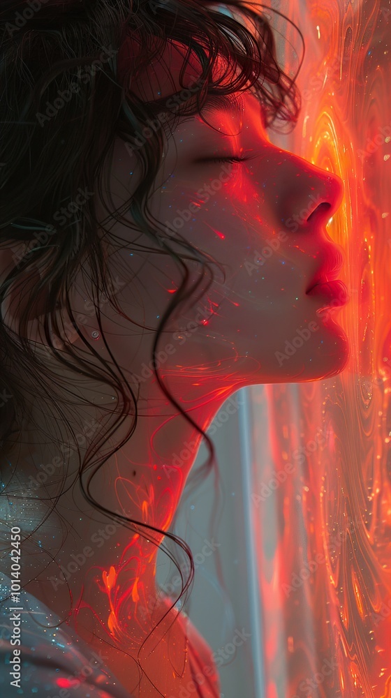 Sticker Woman in Red Light: A Dreamy Digital Portrait