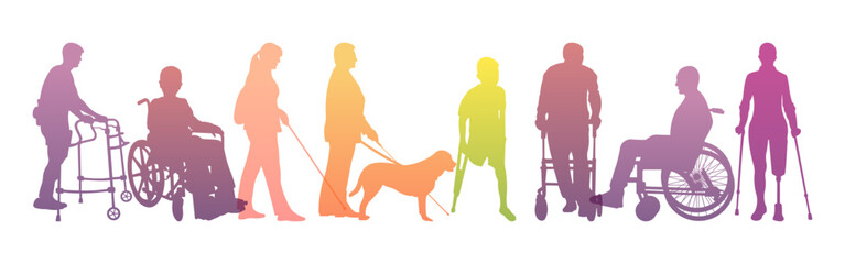 International Day of  Persons with Disabilities.Colourful illustration with silhouettes of disabled people.World on wheels wheelchair.vector illustration.