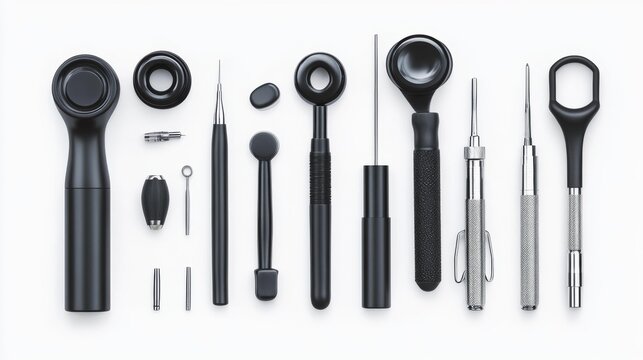A set of precision tools for detailed work arranged on a white background featuring various black and metal instruments for technical or medical use Generative AI