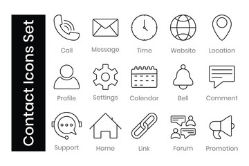 Contact Icons Set or Contact Us Icon Vector Set in Line Style Example Phone Call, Message, Website, Support,  Location etc.