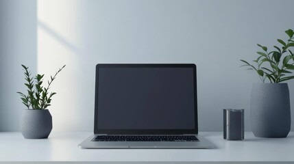 Realistic image of a modern laptop on a white desk with plants and a minimalist setting ideal for office productivity and work-related visuals. Generative AI