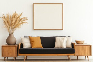 Blank White Wall Above a Retro Dark Sofa with Contrasted Pillows in a Vintage Living Room Featuring Earthy Shades, Taupe and Black Elements, a Wooden Cabinet, and Autumn Botanical Decoration in a Vase