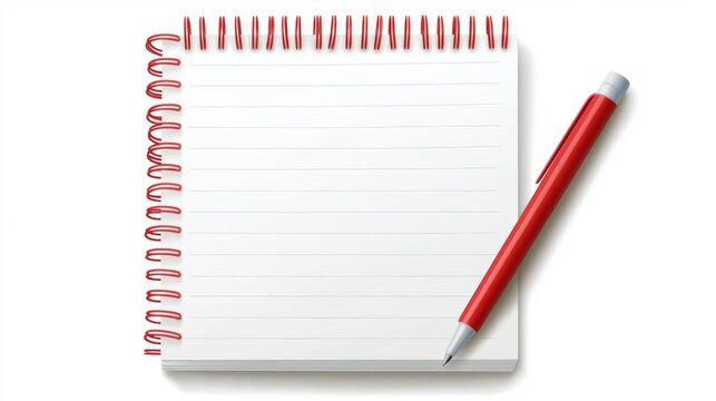 Spiral-bound notepad with lined paper and red pen on white background. Clean and realistic presentation. Ideal for office school or business projects. Generative AI