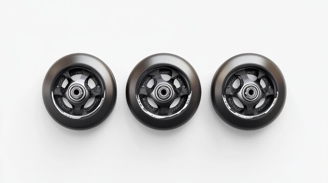 Set of three realistic rollerblade wheels in a row on a white background perfect for sports or skating equipment visuals. 150-200 characters. Generative AI