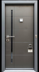 A modern steel door with a glass panel and a metal handle