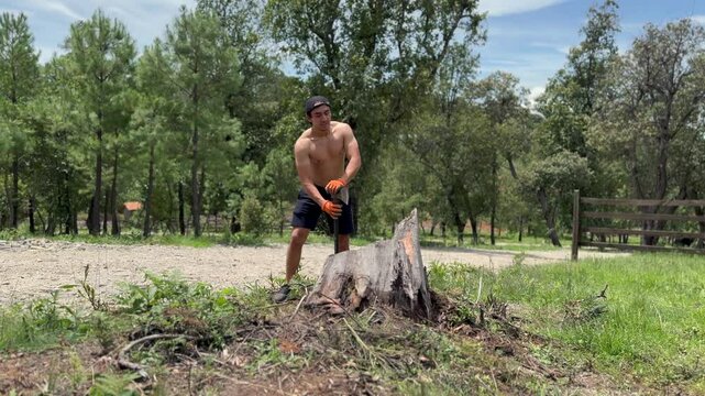 Joven Latino Cortando madera en el bosque sin camiseta