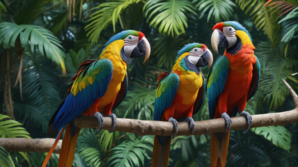 Enchanting rainforest canopy alive with the vibrant colors of exotic parrots, their playful antics and raucous calls filling the air with energy and vitality, a spectacle of nature's wonder, Generativ