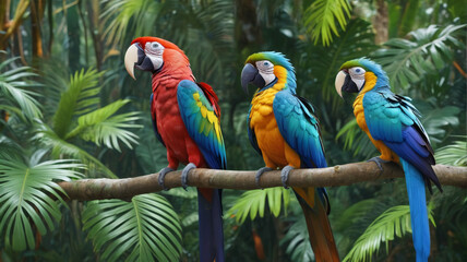 Enchanting rainforest canopy alive with the vibrant colors of exotic parrots, their playful antics and raucous calls filling the air with energy and vitality, a spectacle of nature's wonder, Generativ