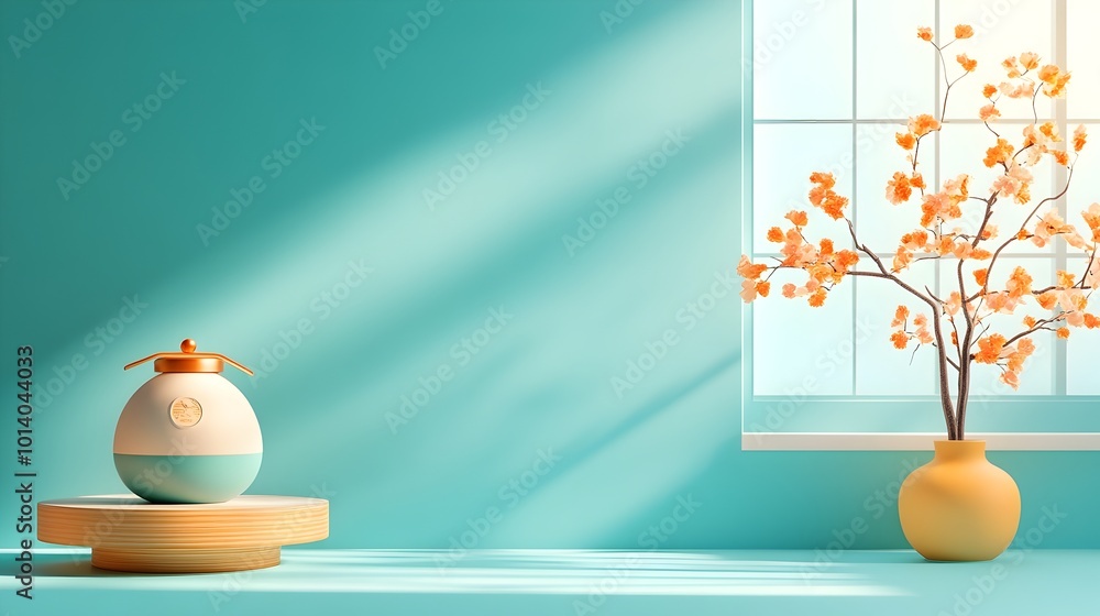 Aufkleber minimalist and clean 3d studio room with solid blue backdrop empty floor and wall product podium dra