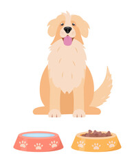 Dog and bowls with water and food. Domestic dog and pet shop goods icons. Feeding pets concept. Vector illustration isolated on white background.