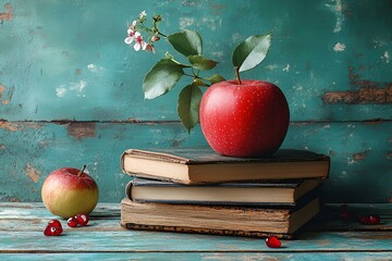 An apple rests beside a stack of books on a rustic wooden table, creating a cozy study atmosphere.
