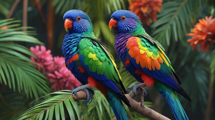 Obraz premium Enchanting rainforest canopy alive with the vibrant colors of exotic parrots, their playful antics and raucous calls filling the air with energy and vitality, a spectacle of nature's wonder, Generativ