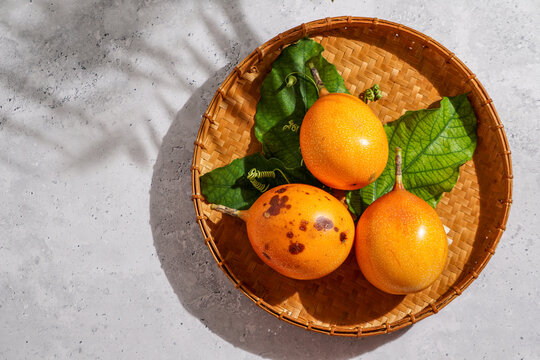 fresh passion fruit, Passiflora ligularis, sweet granadilla or grenadia