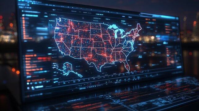 A digital monitor shows a detailed U.S. map with an illuminated American flag backdrop