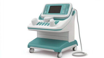 Advanced ultrasound machine with wheels on a white background featuring a screen and ergonomic controls for medical diagnostics hospital use and clinical environments. Generative AI