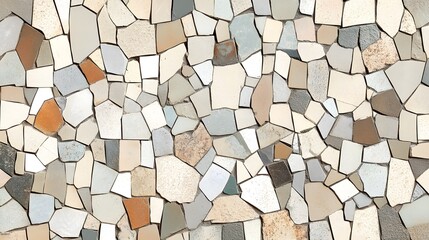Seamless pattern of broken tile mosaic featuring beige tiles, suitable for abstract wallpaper or irregular bathroom walls, creating a rustic and textured look