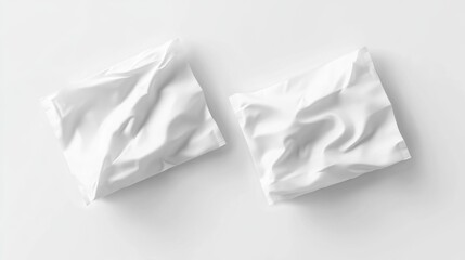 Naklejka premium Two wrinkled alcohol wipe packets on a white background clean and simple perfect for hygiene and medical designs. Generative AI