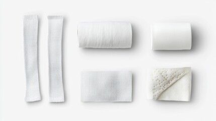 Bandages gauze rolls and medical dressings on a white background realistic perfect for healthcare first aid and medical supply categories. Generative AI