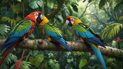 Enchanting rainforest canopy alive with the vibrant colors of exotic parrots, their playful antics and raucous calls filling the air with energy and vitality, a spectacle of nature's wonder, Generativ