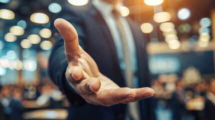 A man in a suit holding out his hand in front of a crowd