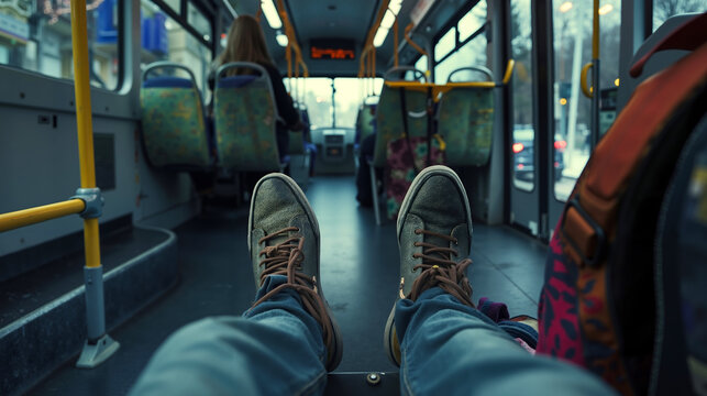 A person sitting on a bus with their feet up on the seat
