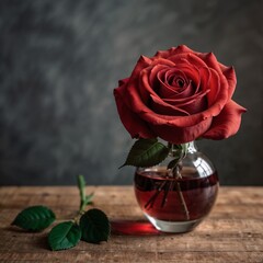 Rosa color rojo sobre una mesa y fondo gris