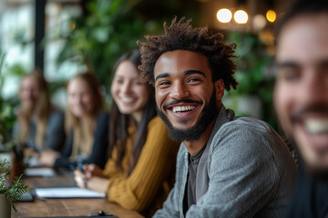 Fototapeta premium Smiling Man with Friends at a Cafe - Joyful Togetherness