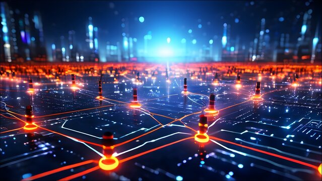 Show a network of interconnected AI systems, each represented by glowing nodes in a futuristic digital landscape.