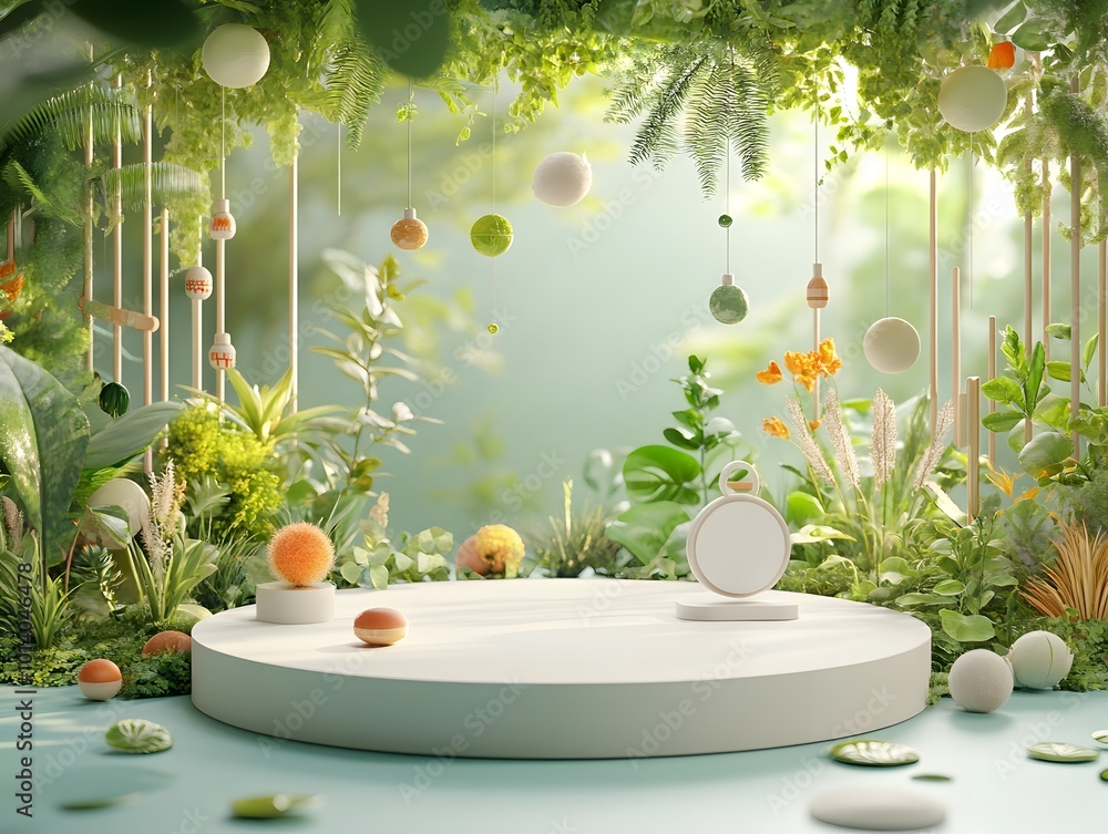 Poster lush 3d studio space with verdant foliage backdrop and minimalist white podium display dynamic shado