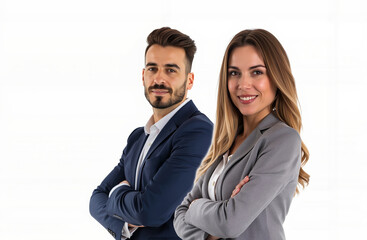 A man and a woman standing next to each other with their arms crossed