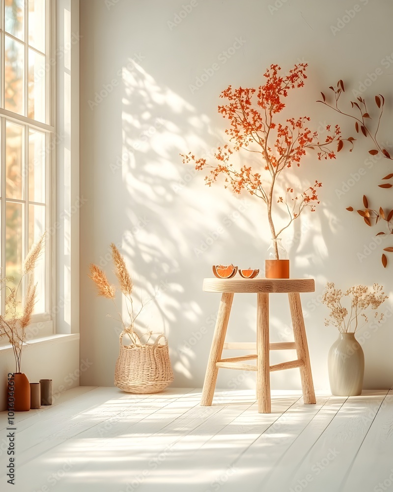Poster bright and spacious 3d studio scene with bare white walls and floor a simple product stand casting a