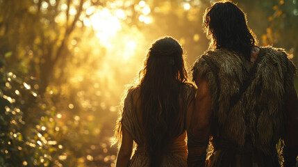 Adam and Eve walking together, wearing animal skin clothes, cinematic lighting, high quality.