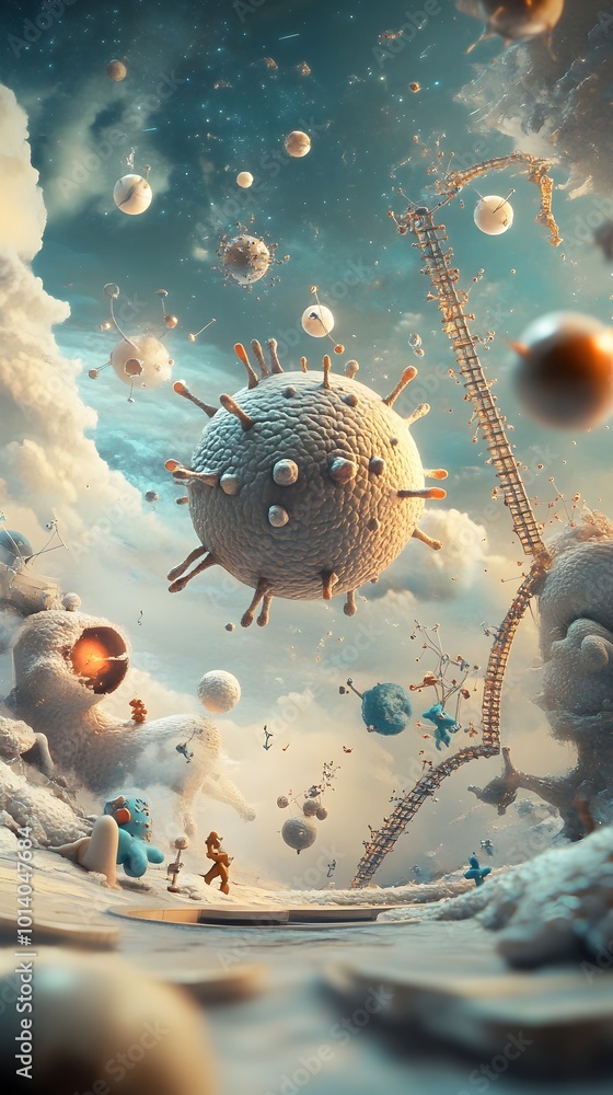 Poster a surreal and futuristic digital composition that combines elements of fantasy and science fiction w