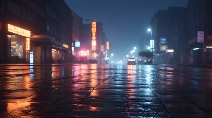 Obraz premium A rainy night street illuminated by neon lights, with colorful reflections in puddles, creating a captivating urban ambiance. Abstract night background, blurred bokeh light. Night view colorful.