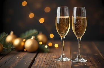 New Year's Eve party with champagne glasses and gold ornaments on a wooden background