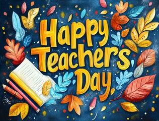 Fototapeta premium A cheerful Teachers' Day design showcasing colorful leaves and pencils, symbolizing gratitude and the beauty of learning. 