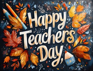 Fototapeta premium A vibrant design celebrating Teachers' Day, featuring colorful pencils and autumn leaves, symbolizing appreciation and growth. 
